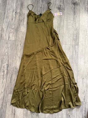 wild fable Olive Green Satin Slip Maxi Dress with Spaghetti Straps